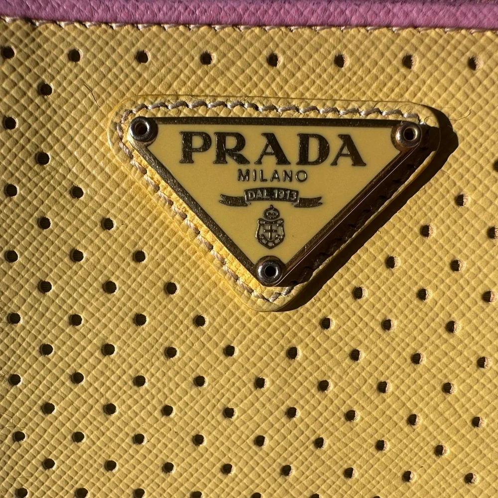 PRADA Pink Yellow Perforated Saffiano Zip Around Wallet - Picture 5 of 11
